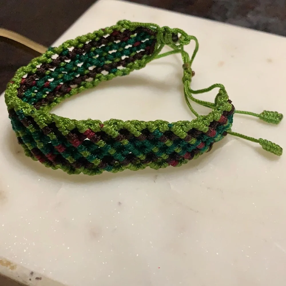 Green, maroon, olive green & burgundy handmade woven twine rope bracelet